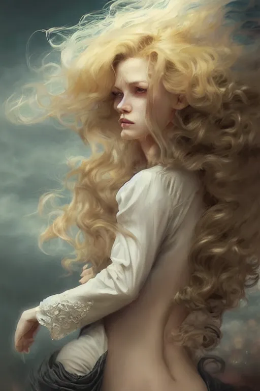 Prompt: johan liebert mixed with alucard picture by Greg Rutkowski, long fluffy blond curly hair, baroque curls, dynamic pose, matte painting, intricate, z brush, fantasy concept art, elegant, pregnant, by Stanley Artgerm Lau, WLOP, golden ratio, thomas kindkade, alphonse mucha, loish, Peter chung, norman Rockwell,