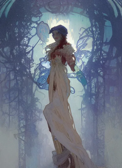 Prompt: a Aura huntress, raining, mist by Alphonse Mucha, Denis Villeneuve, greg rutkowski and thomas kinkade, Finnian MacManus, Syd Mead, Trending on artstation, black and blue scheme, 8k, wide-angle lens, Unreal Engine