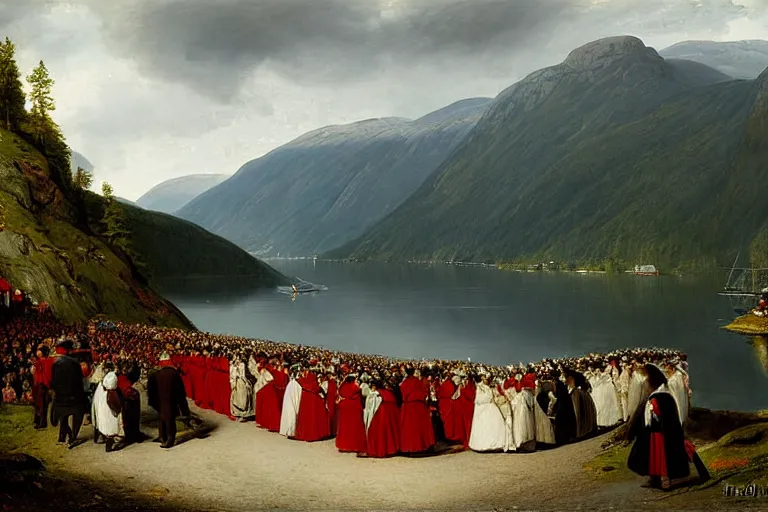 Image similar to the bridal procession on the hardangerfjord by hans gude, adolph tidemand