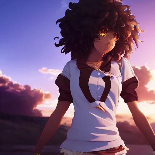 Prompt: a beautiful 3d brown anime girl, brown skin, black curly hair, Cinematic lighting, medium shot, in a anime masterpiece, highly detailed, artstation, unreal engine 4k, Cinematic wallpaper