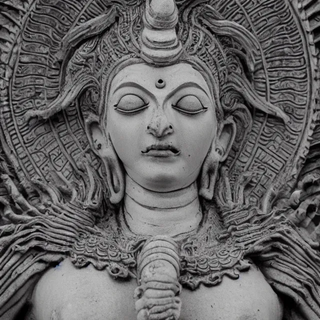 Prompt: sacred hindu flesh temple, shiva statue at the center, angel statue motives, 8 0's horror movie film still, highly detailed, symmetry, award - winning photography, 1 2 0 mm