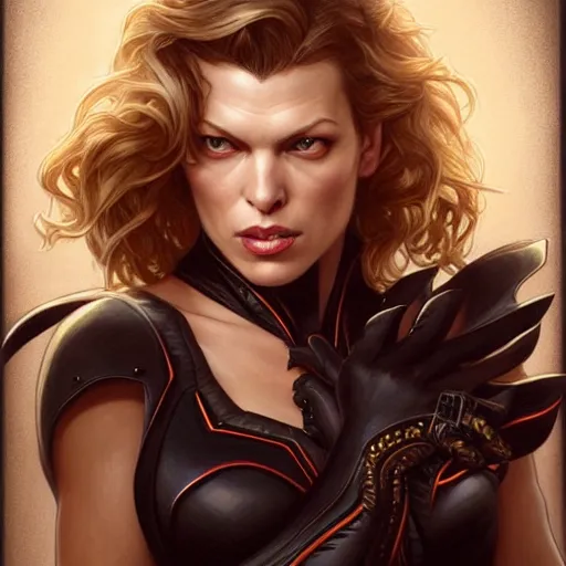 Image similar to Mila Jovovich with blonde hair as Bat Woman, western, D&D, fantasy, intricate, elegant, highly detailed, digital painting, artstation, concept art, matte, sharp focus, illustration, art by Artgerm and Greg Rutkowski and Alphonse Mucha