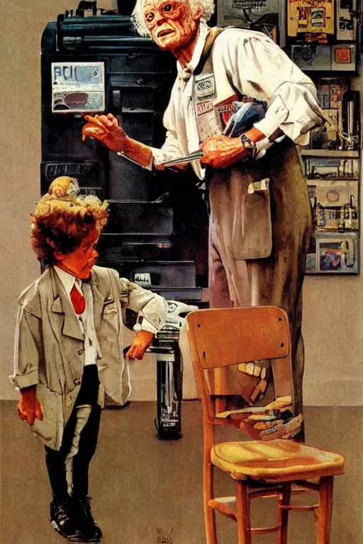 Image similar to dr emmet brown from back to the future painted by norman rockwell