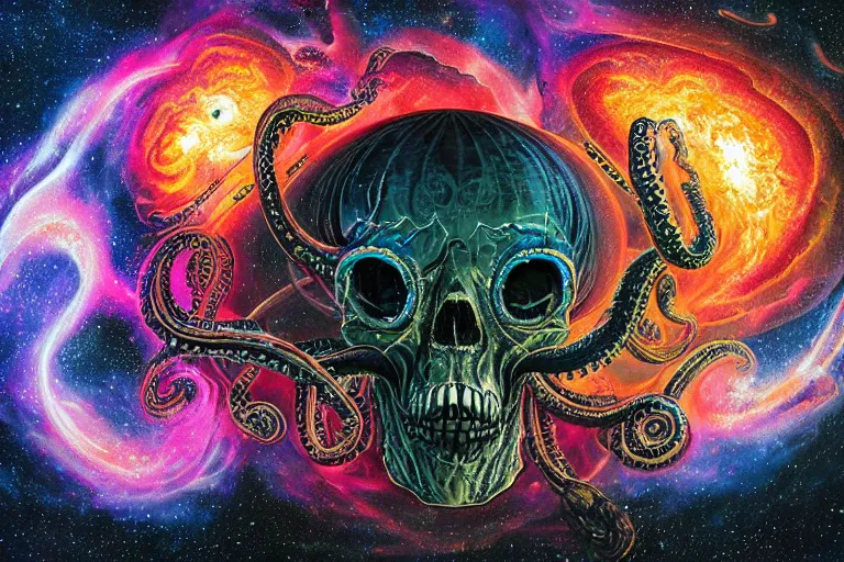 Image similar to a giant skull with intricate rune carvings and glowing eyes with lovecraftian tentacles emerging from a space nebula by dan mumford, twirling smoke trail vortex, twisting galaxies, digital art, photorealistic, vivid colors, highly detailed, intricate