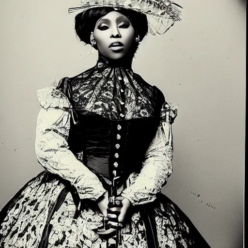 Prompt: albumen print portrait of nicki minaj wearing 1 8 0 0 s clothing, very detailed, very intricate,