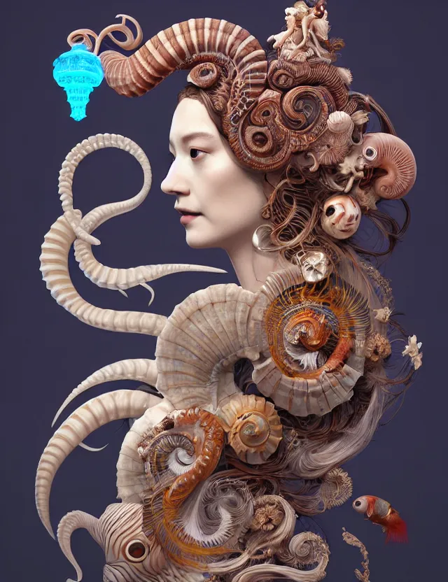 Image similar to 3 d goddess nautilus half - turn portrait with long hair with ram skull. beautiful intricately detailed japanese crow kitsune mask and clasical japanese kimono. betta fish, jellyfish phoenix, bio luminescent, plasma, ice, water, wind, creature, artwork by tooth wu and wlop and beeple and greg rutkowski