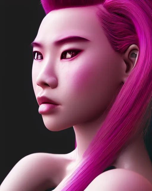 Prompt: portrait of a beautiful thai woman with pink hair as a cyberpunk cyborg half robot, sci - fi, missing panels, intricate abstract upper body intricate artwork, concept art, octane render, deviantart, cinematic, key art, hyperrealism, iridescent accents, portrait photograph, nikon 3 5 mm, photograph by greg rutkowski