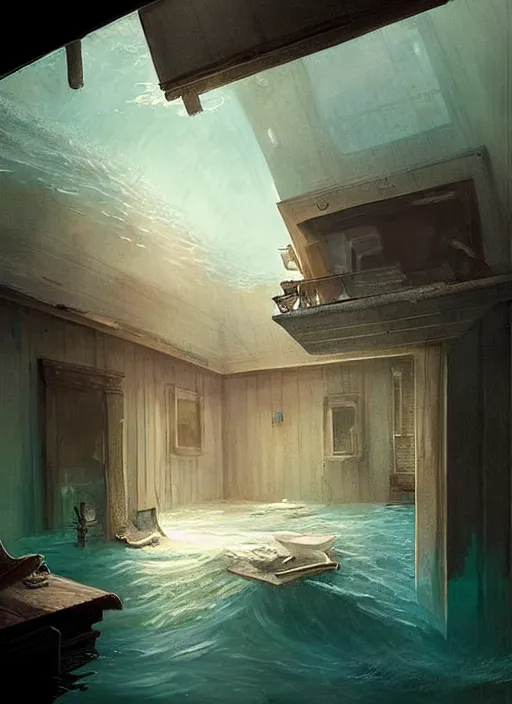 Prompt: inside a house that is sinking in the ocean, water is about mid level, furniture is half way submerged, concept art, highly detailed, cinematic lighting, digital art painting by greg rutkowski