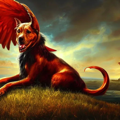 Image similar to an oil painting of a dog with demon wings, hd, hdr, ue 5, ue 6, unreal engine 5, cinematic 4 k wallpaper, 8 k, ultra detailed, high resolution, artstation, award winning