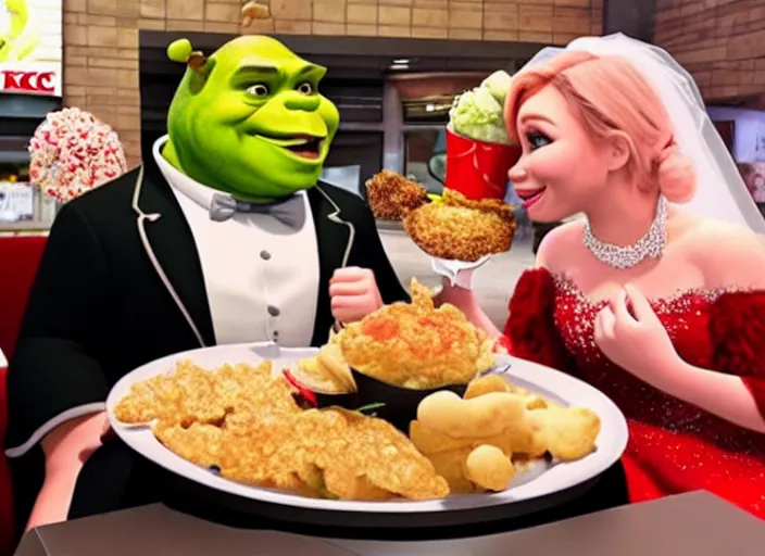 Image similar to A photograph of Shrek and Fiona eating at KFC on their wedding day.