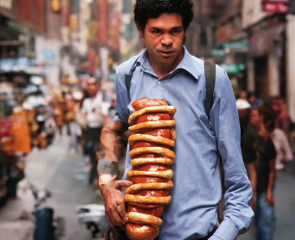 Prompt: closeup portrait of a man carrying a giant hotdog, smoky new york back street, by Annie Leibovitz and Steve McCurry, natural light, detailed face, CANON Eos C300, ƒ1.8, 35mm, 8K, medium-format print