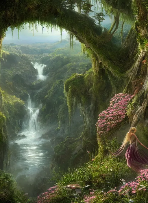 Prompt: an elegant fairy with wings of lace looking out at a lord of the rings scenery landscape, vast lush valley flowers and mushroom structures, stream, sunrise, god's rays highly detailed, vivid color, cinematic lighting, perfect composition, 8 k, gustave dore, derek zabrocki, greg rutkowski, belsinski, octane render