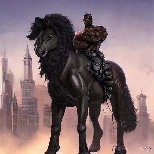 Prompt: a gigantically musclebound black - furred male anthro horse in a tactical outfit in a city warzone, absurdly hulking physique, furaffinity, furry art, highly detailed, digital painting, artstation, sharp focus, smooth, concept art, illustration, art by artgerm, greg rutkowski, wlop