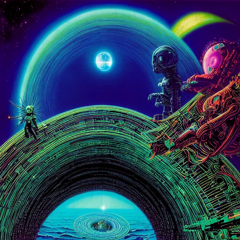 Image similar to mysterious infinite interstellar black hole, quantum waves, synthwave, bright neon colors, highly detailed, cinematic, tim white, philippe druillet, roger dean, ernst haeckel, lisa frank, michael whelan, kubrick, kimura, isono