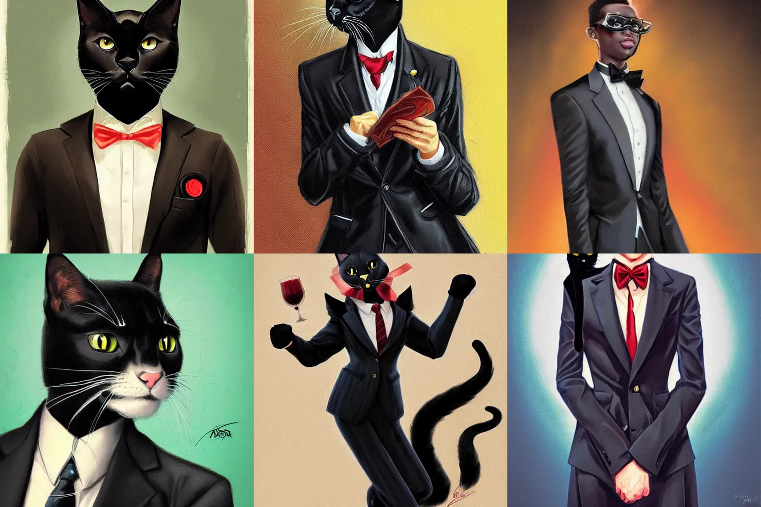 Image similar to portrait of a serious and intelligent black cat scholar in a retro suit, digital art by artgerm and greg rutkowski