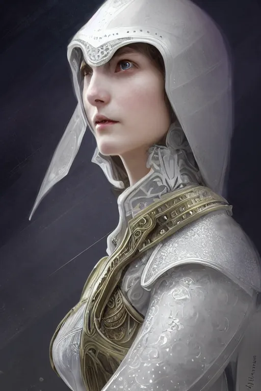 Image similar to beautiful and victorian and holy and divine and elite young medieval female white armor knight portrait +shinny eyes+front face with light flowing hair, ultradetail face, art and illustration by tian zi and craig mullins and WLOP and alphonse mucha, fantasy, intricate complexity, human structure, human anatomy, fantasy character concept, watermark, blurry, hyperrealism 8k