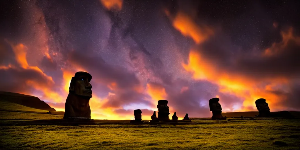 Image similar to amazing landscape photo of astronaut in easter island at dawn by Marc Adamus beautiful dramatic lighting