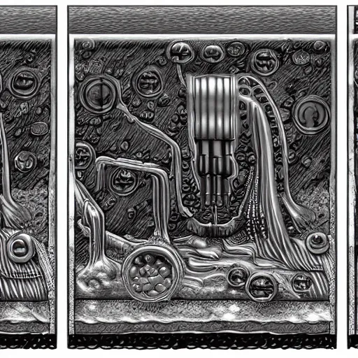 Prompt: a stream of water entering a machine made from organs and producing a coin in the style of H R Giger, 8k