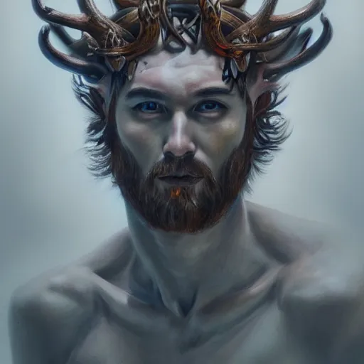 Image similar to Dramatic portraiture of Uuen, the Pictish god of stags, mixed media, trending on ArtStation, by Jim Valentino and ArtGerm and Lucian Freud, luminism