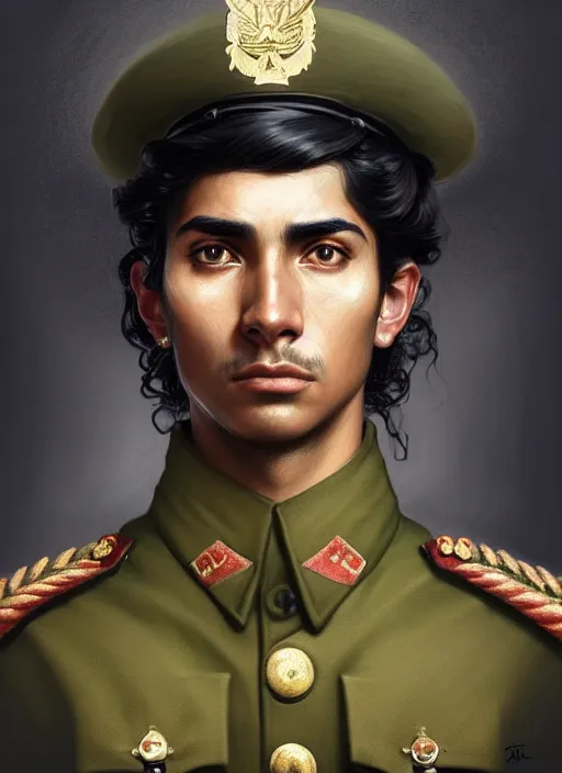 Image similar to portrait of stoic looking young peruvian soldier, military uniform, black hair, thick eyebrows, fantasy, intricate, elegant, highly detailed, centered, dark, smokey, digital painting, artstation, concept art, smooth, sharp focus, illustration, art by artgerm and greg rutkowski and alphonse mucha