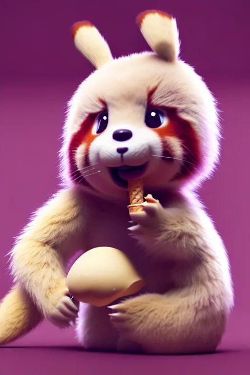 Image similar to high quality 3 d render hyperrealist very cute pastel fluffy red panda & koala hybrid stuffing mouth with ice cream, vray smooth, in the style of detective pikachu, very dramatic light, low angle, uhd 8 k, shallow depth or field