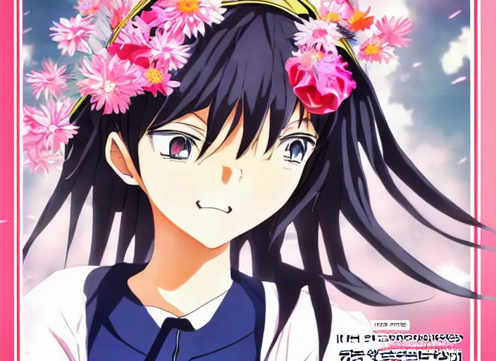 Prompt: ;Weekly Shonen Jump Issue 14, cover, 2000 A illustrative illustration of the perfect anime waifu with a flower crown of fantasies 'anime illustration japanese very very beautiful cute girls doing cute things trending on artstation pixiv makoto shinkai smiling super detailed eyes eyebrowless symmetry face visual novel hairpin star