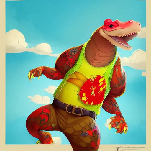 Image similar to in the style of artgerm, loish and ross tran, anthropomorphic alligator, red scales on his back, yellow scale on his belly and chest, male, waring a hawaiian shirt, in the style of zootopia