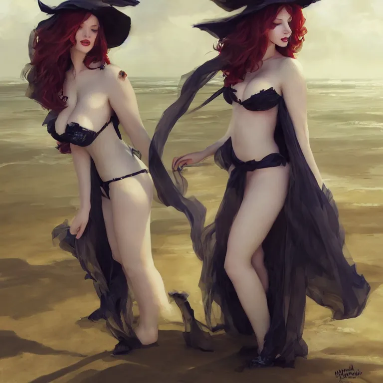 Prompt: 25 year old Christina Hendricks as a sexy witch at the beach by Ruan Jia and Mandy Jurgens and Artgerm and william-adolphe bouguerea, highly detailed, trending on artstation, award winning,