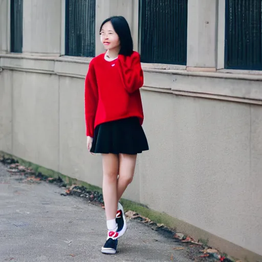 Image similar to of girl wearing red sweater with short black skirt and high heal shoes