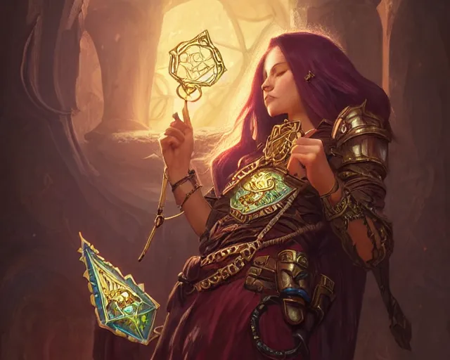 Image similar to dungeon master holding a keyring, deep focus, d & d, fantasy, intricate, elegant, highly detailed, digital painting, artstation, concept art, matte, sharp focus, illustration, hearthstone, art by artgerm and greg rutkowski and alphonse mucha