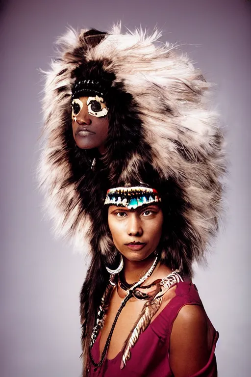 Image similar to a woman in a buffalo headdress wearing fur, cosplay, photoshoot, studio lighting, photograph by Bruce Weber