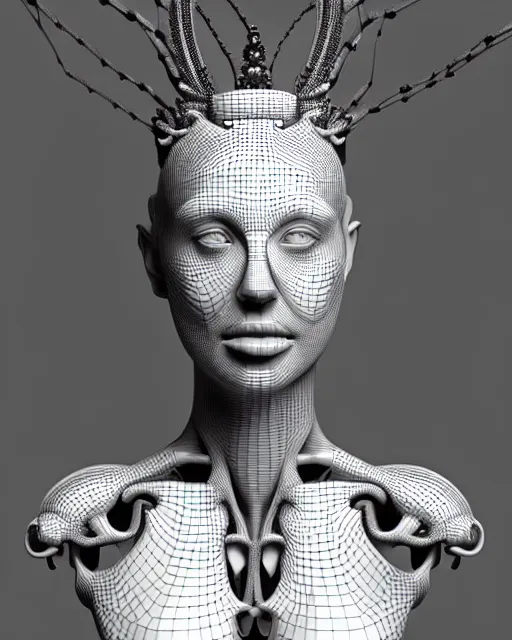 Image similar to a black and white 3D render of a young beautiful female queen-dragon-cyborg bust with a very long neck and Mandelbrot fractal face, flesh, anatomical, facial muscles, veins, arteries, elegant, highly detailed, flesh highly ornate, cable wires, elegant, high fashion, rim light, octane render, in the style of H.R. Giger, Realistic, Refined, Digital Art, Highly Detailed, Cinematic Lighting, rim light, black and white, photo-realistic, 8K