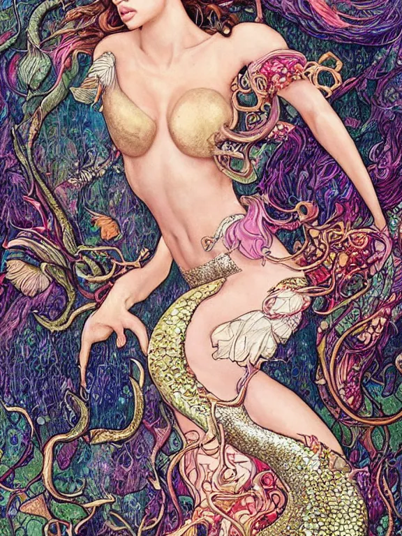 Image similar to a Mermaid Illustration of Irina Shayk,embellished sequined,crystal beaded,by Peter Mohrbacher,Chie Yoshii,Cedric Peyravernay,Phoebe Anna Traquair,William Morris,Catherine Nolin,metropolis,Gucci,Dior,trending on pinterest,maximalist,glittering