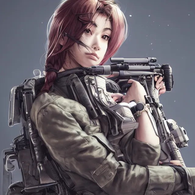 Image similar to the photorealistic portrait of lawful neutral female futuristic marine sniper as absurdly beautiful, gorgeous, elegant, young anime gravure idol, an ultrafine hyperdetailed illustration by kim jung gi, irakli nadar, intricate linework, bright colors, octopath traveler, final fantasy, unreal engine 5 highly rendered, global illumination, radiant light, detailed and intricate environment