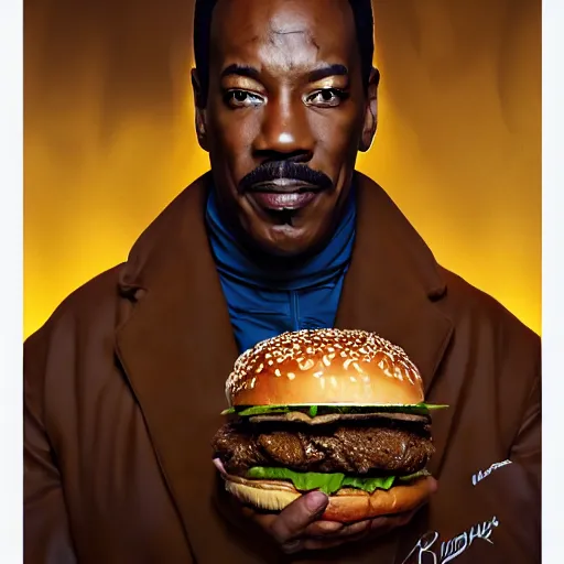 Prompt: portrait of eddie murphy eating hamburgers, extra onions and ketchup, luscious patty with sesame seeds, ethereal, handsome, d & d, fantasy, intricate, elegant, highly detailed, digital painting, artstation, concept art, matte, sharp focus, illustration, art by artgerm and greg rutkowski and alphonse mucha