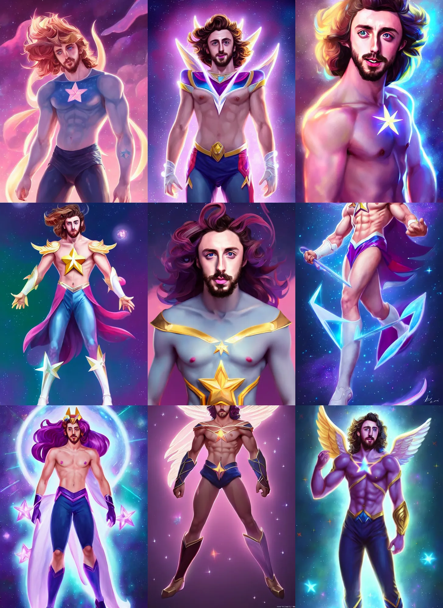 Prompt: full body portrait of aaron taylor johnson as a magical star guardian. detailed face, concept art, intricate, highly detailed 8 k, smooth, sharp focus, handsome and aesthetic shape of face and body, artgerm, artstation, art by zexi guo and nira and junpei suzuki and gharliera and rinotuna