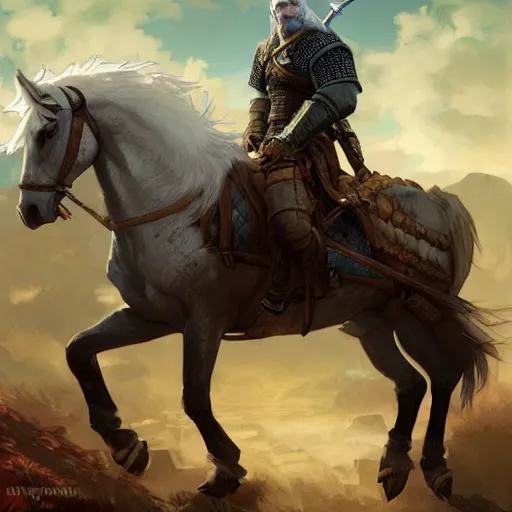 Image similar to geralt the witcher 3 riding a horse meeting with samuel l jackson d & d fantasy intricate elegant highly detailed digital painting artstation concept art matte sharp focus illustration hearthstone art by artgerm art by greg rutkowski art by alphonse mucha