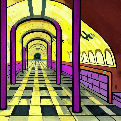 Prompt: painting of an abandoned art deco subway station
