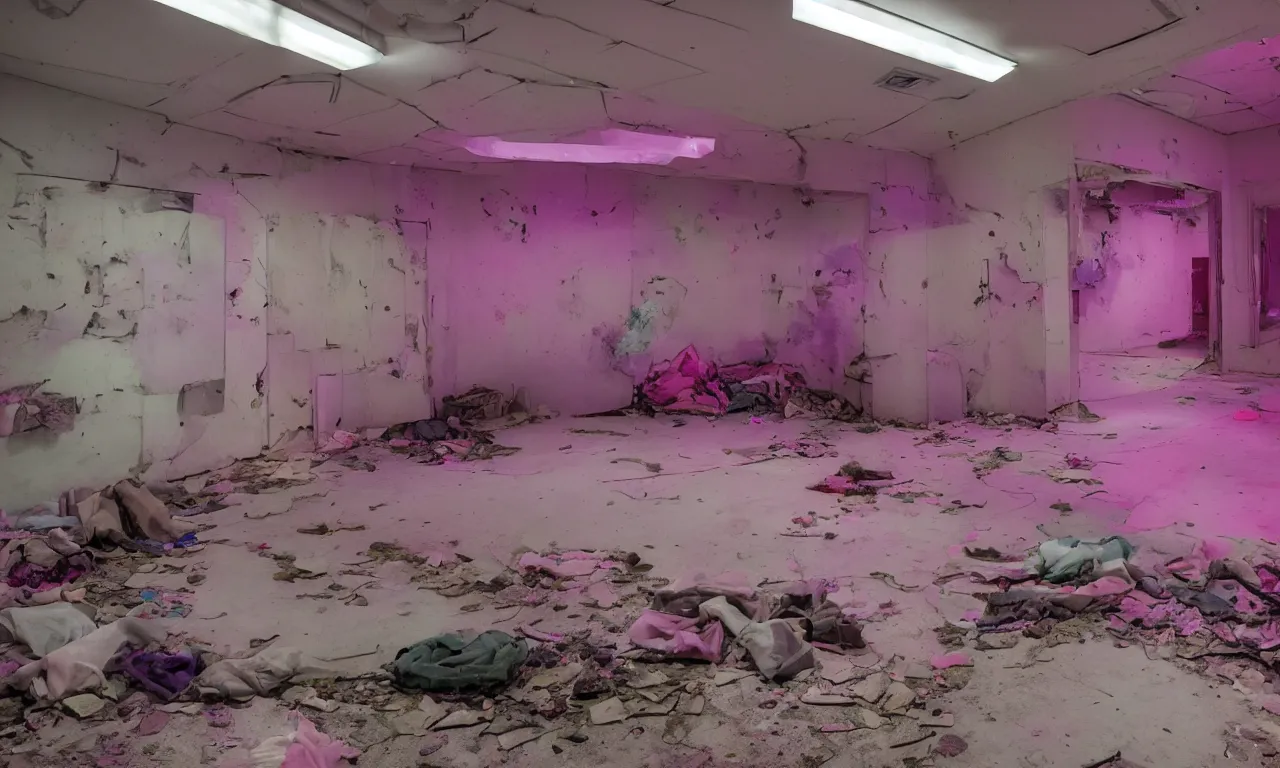 Image similar to backrooms abandoned mall, ominous neon pink and purple vaporwave lighting, moldy walls and stuffed animals sitting in shallow water