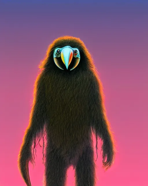 Image similar to realistic bipedal sloth character, long curly fur, full skull shaped face cover, mage robe based on a toucan, 6 toucan beaks, in the style of zdzislaw beksinski, stylized, video animation, hogwarts legacy, chromatic aberration, super natural, neon glow