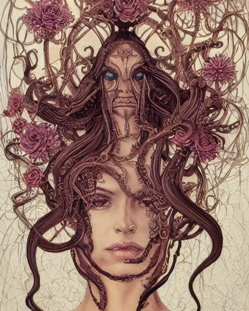 Image similar to centered beautiful detailed front view portrait of a woman with ornate tentacles and flowers growing around, ornamentation, flowers, elegant, dark and gothic, full frame, by wayne barlowe, peter mohrbacher, kelly mckernan, h r giger