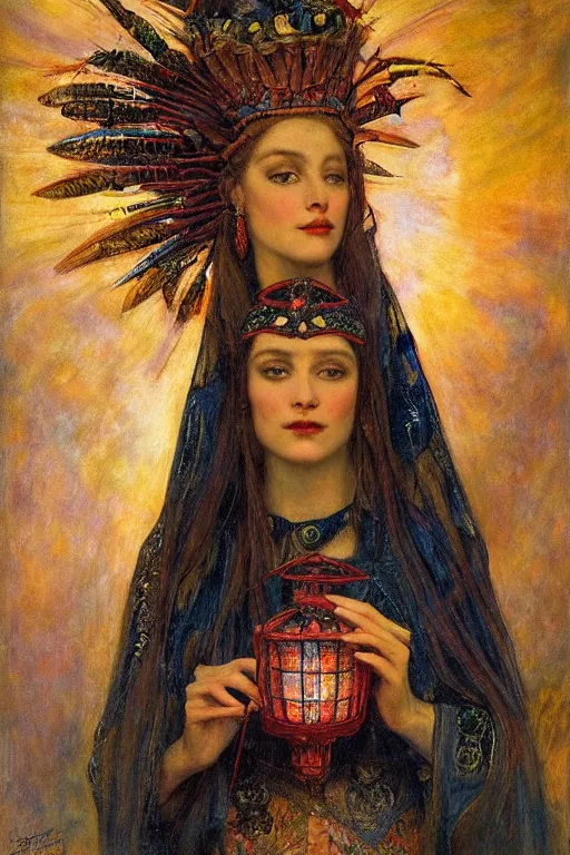 Image similar to queen of twilight with her lantern, by Annie Swynnerton and Diego Rivera and Gaston Bussière and Tino Rodriguez , elaborate headdress and embroidered velvet, iridescent beetles, rich color, dramatic cinematic lighting, extremely detailed