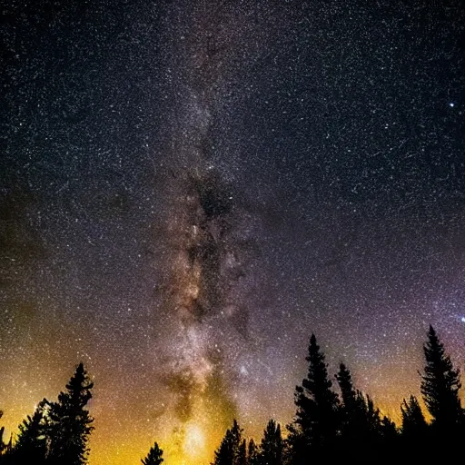 Image similar to silhouettes of pine trees in front of Milky Way galaxy, beautiful nature photography, Astrophotography, award winning