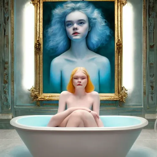 Image similar to Elle Fanning in a white porcelain bathtub with teal water in the style of Paola Vetri, head and shoulders portrait, stormy weather, extremely detailed masterpiece, oil on canvas, low-key neon lighting, artstation, Blade Runner 2049, Roger Deakin’s cinematography, by J. C. Leyendecker and Peter Paul Rubens and Edward Hopper and Michael Sowa,