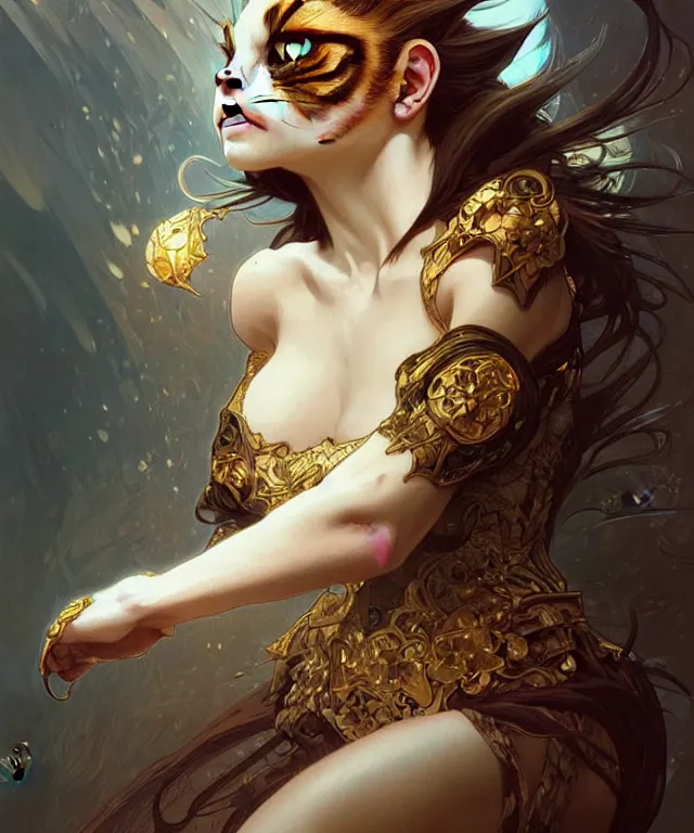 Image similar to A very angry cat, fantasy, intricate, elegant, highly detailed, digital painting, artstation, concept art, smooth, sharp focus, illustration, art by artgerm and greg rutkowski and alphonse mucha