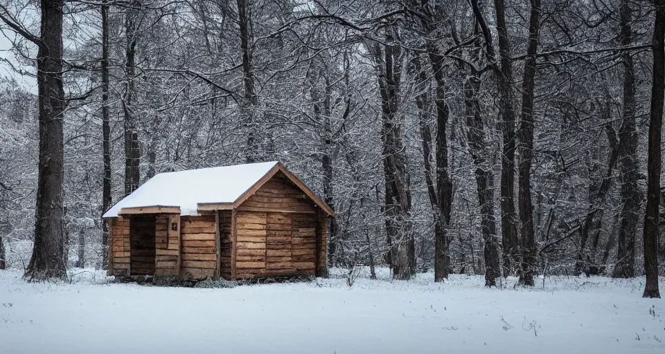 Image similar to a wooden hut at a clearing in the woods, snowy, light inside the hut, realistic, epic composition, 4 k