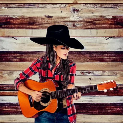 Image similar to a female fox animal, wearing cowboy hat, wearing plaid shirt, playing guitar, inside a barn, album cover style