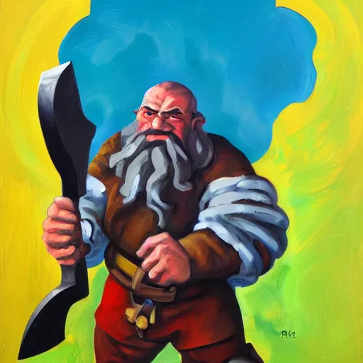Prompt: portrait painting of a fantasy dwarf fighter with a huge iron axe, medium shot, asymmetrical, profile picture, organic painting, sunny day, bold shapes, hard edges, by ralph bakshi