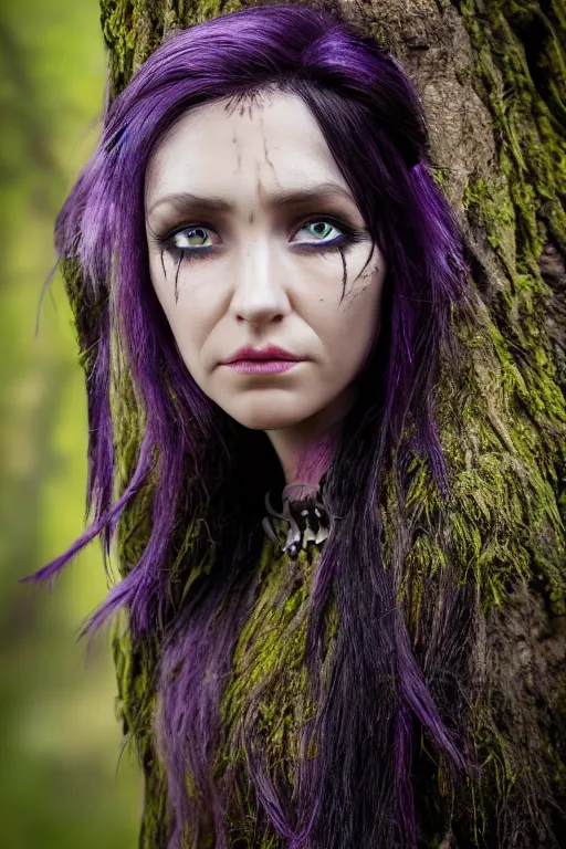 Prompt: highly detailed close up, elder ring, portrait photo of female forest elf black hair, purple eyes, black dress, with scar dramatic light, 8 k, by william didier