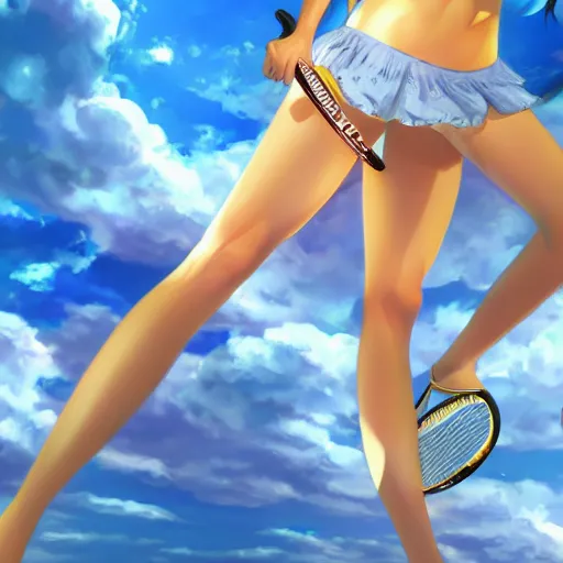 Image similar to full body shot : a very beautiful young blond tennis anime girl, sky blue eyes, golden chains, tattoo, bikini, miniskirt, highly detailed, cinematic wallpaper by stanley artgerm lau